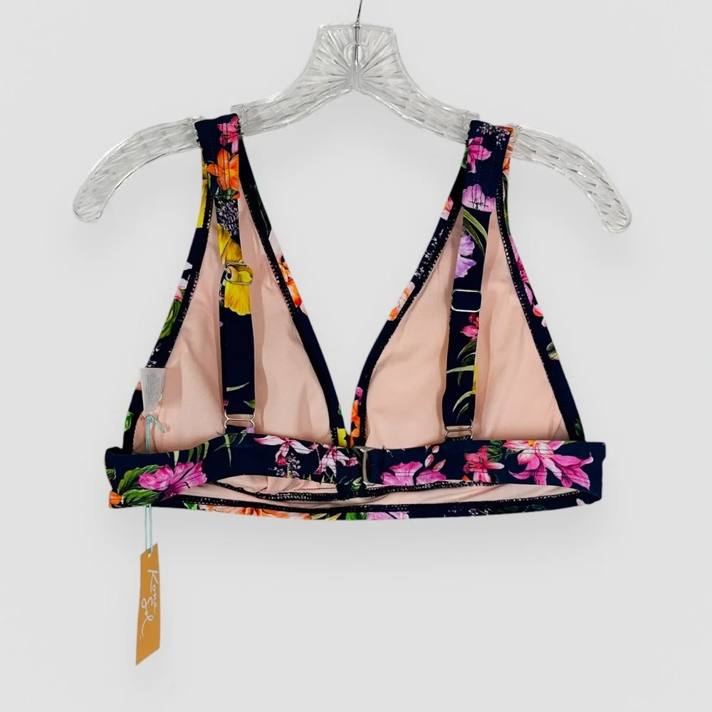 NWT Kona Sol Tropical Print Longline Bikini Top Navy Blue Size Large Beach Vacay